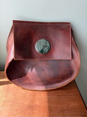 Handmade Leather Bag with Green Stone Accent